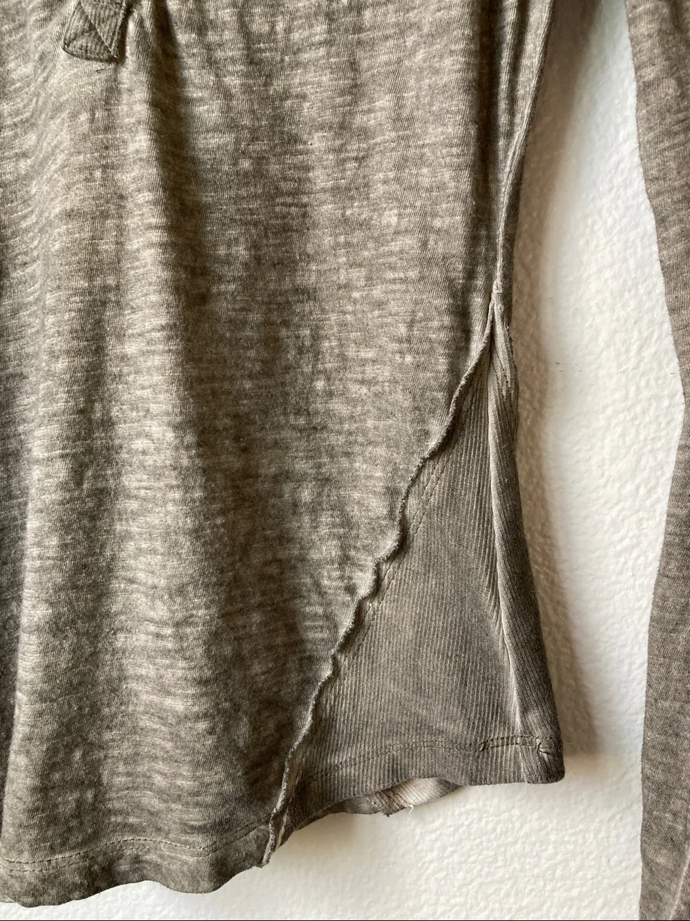 Free People Y2k Olive Mineral Wash Henley Scoopneck Crochet Ribbon sleeves sz M